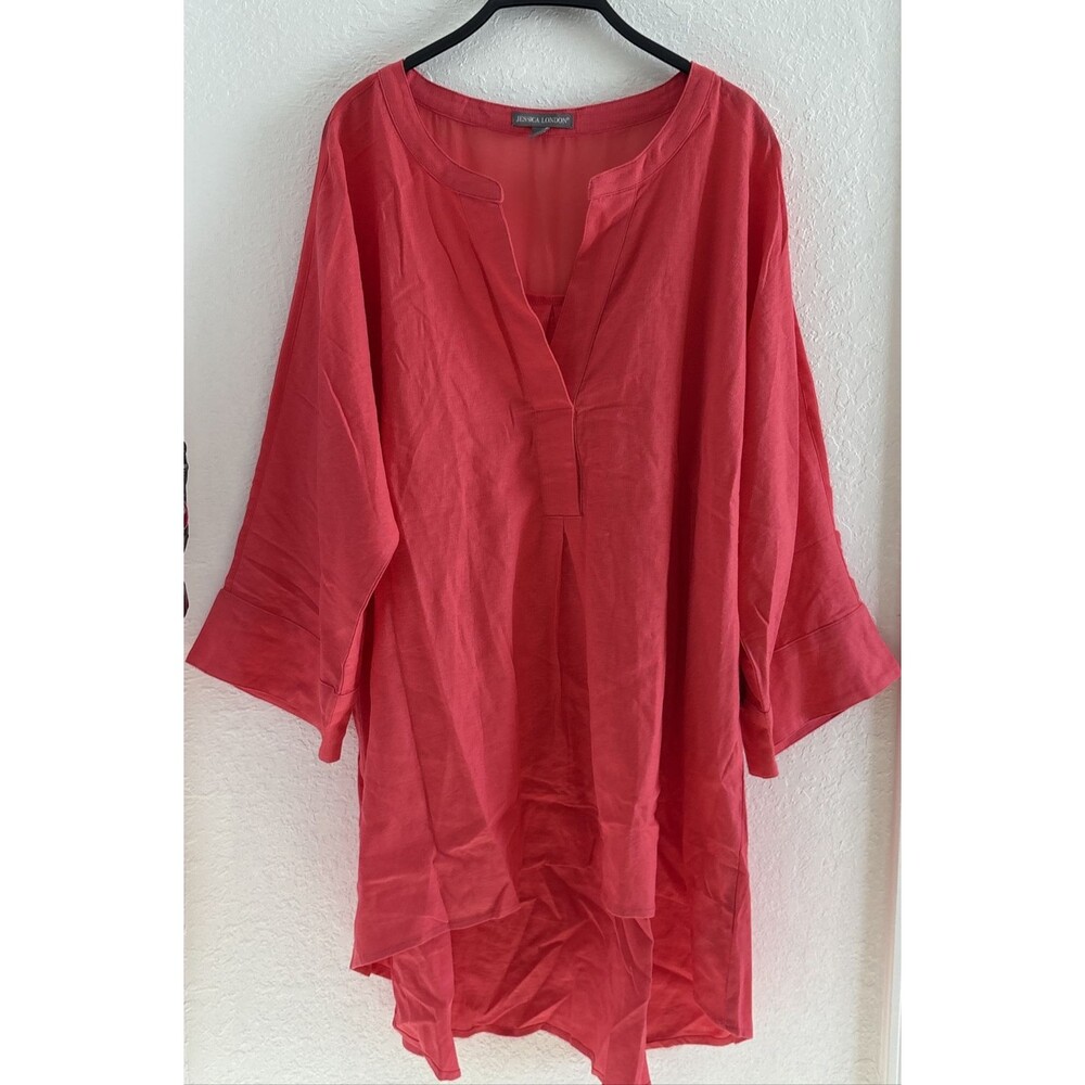 Jessica London Womens Plus Hi-Low Linen Tunic Coral Size 26W